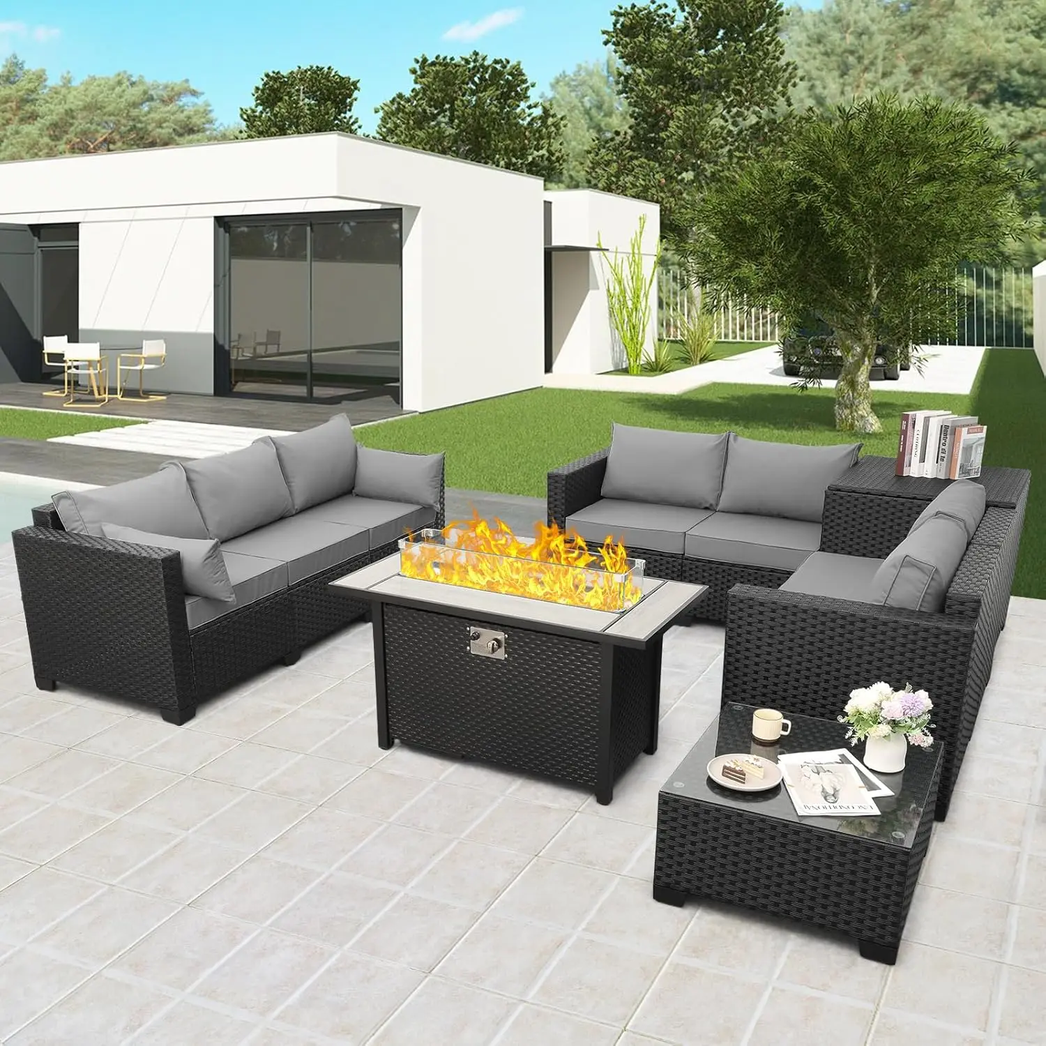 6 PCS Patio Furniture Set Fire Table Outdoor Furniture Sets 45 Inches Gas Fire Pit with Outdoor Storage Box Glass Coffee Table