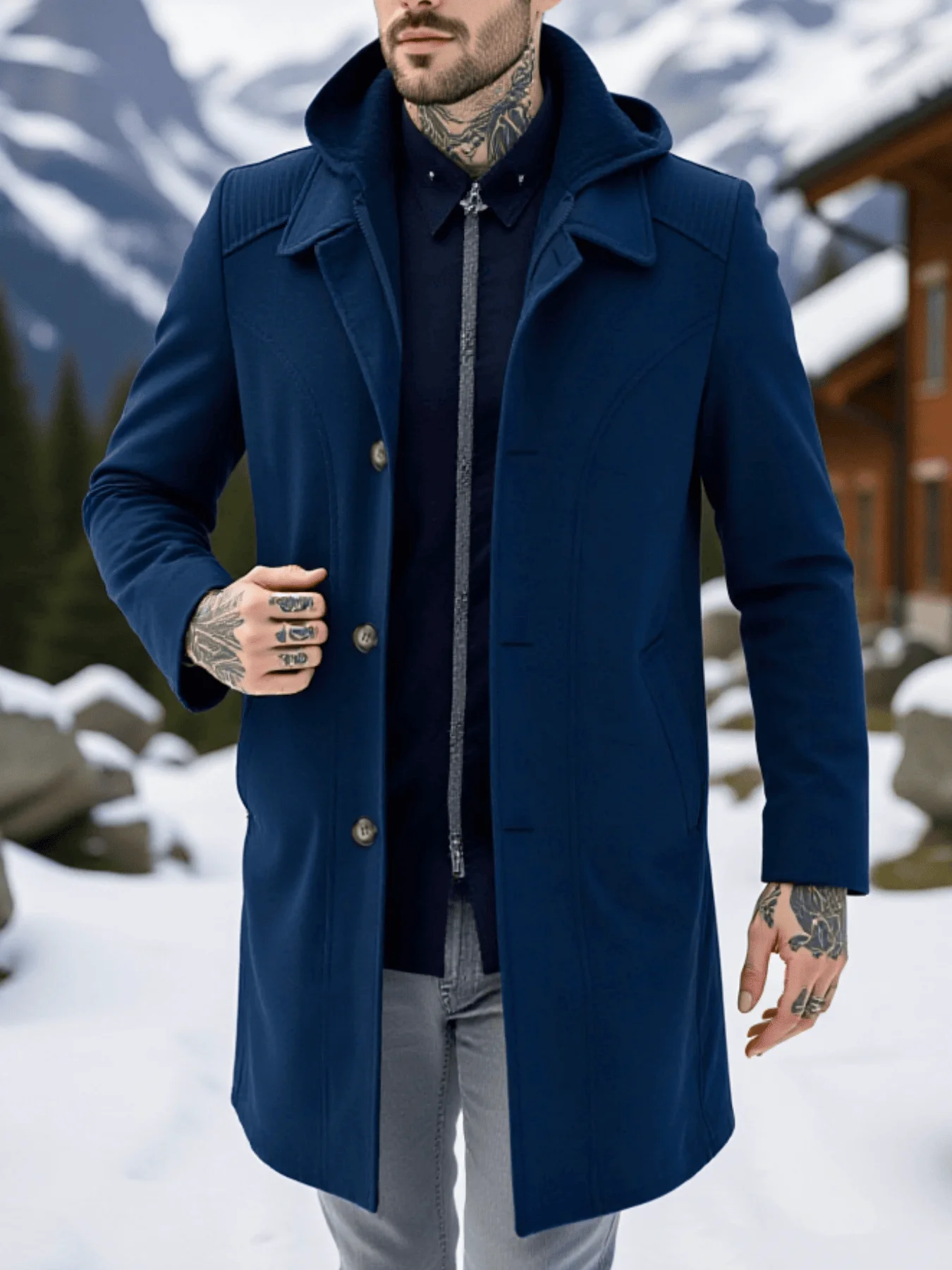 Men's Convertible Woolen Coat Single-Breasted & Zippered Hooded Wrinkle-Resistant Trench Style For City Life Winter Male Clothes