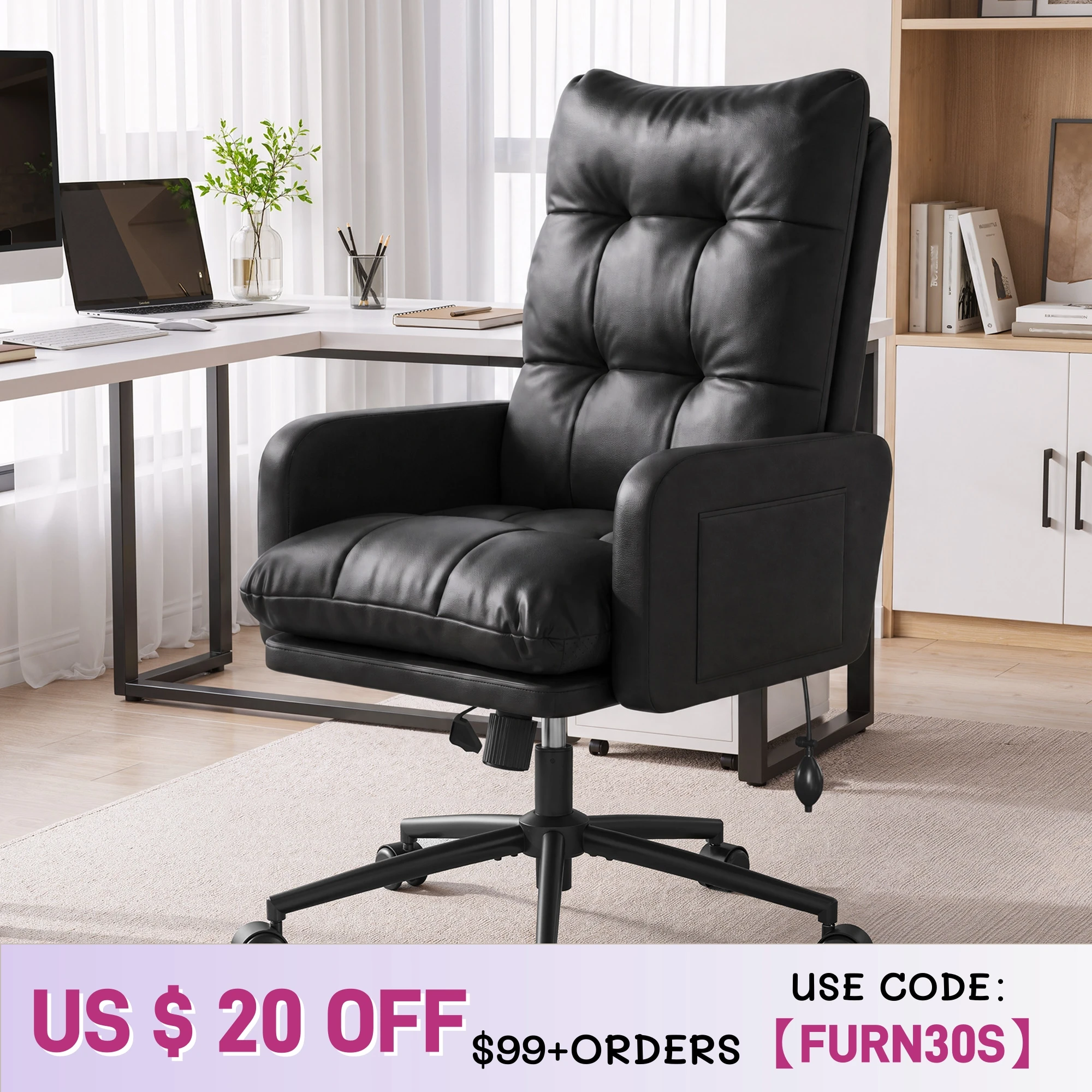 Big and Tall Ergonomic Office Chair PU Leather High Back Gaming Chair with Inflatable Lumbar Support, Adjustable Height, 6.69