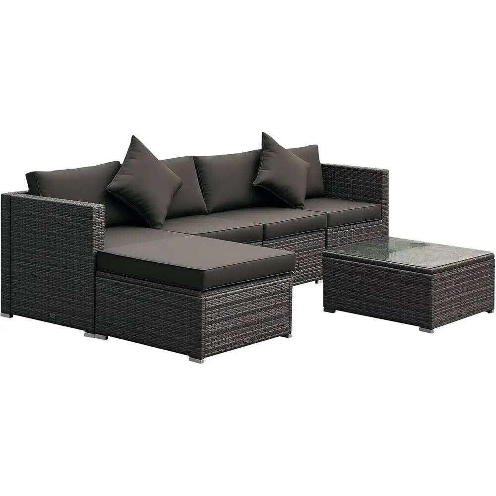 

All-Weather Outdoor Wicker Patio Furniture Set with Ottoman, Cushions, Tempered Glass Table - Mixed Gray & Charcoal