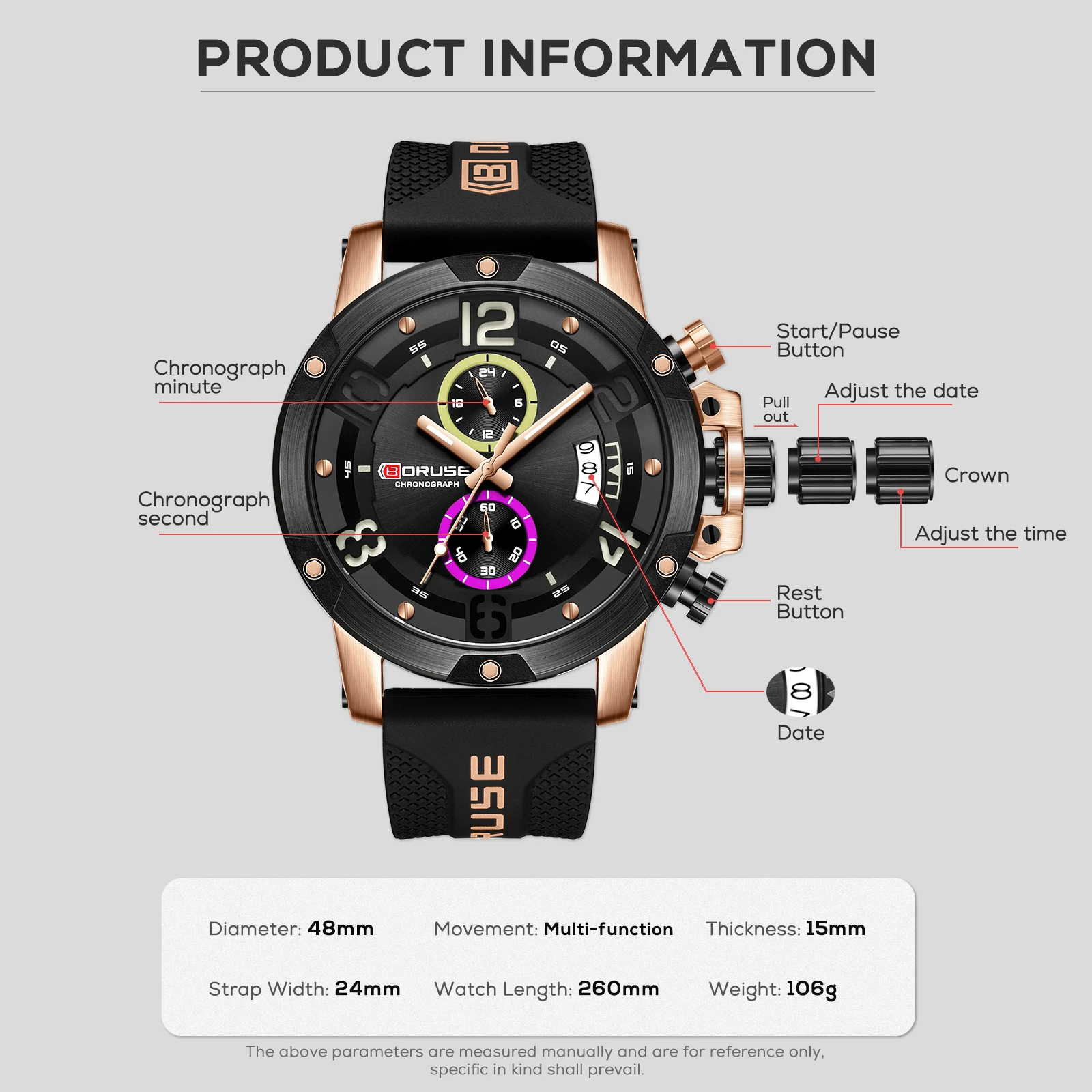 BORUSE Fashion Mens Sports Black Watches Quartz Watch Luminous Man Silicone Chronos Business Wrist Watches Waterproof