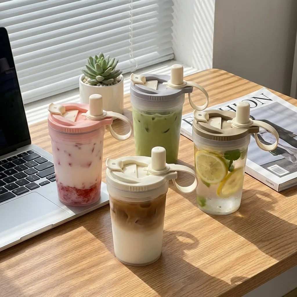 Auslaufsicherer Trinkbecher mit Strohhalm, durchsichtige Plastikwasserflasche, Trinkbecher für Kinder und Studenten, tragbarer Becher für kalte und heiße Getränke mit Sieb.