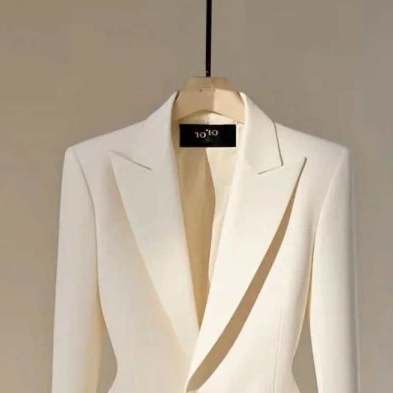 Chaqueta de traje blanca de gama alta para mujer, abrigo corto ajustado con un solo botón, prendas de vestir con solapa de diseño para oficina para mujer, Otoño Invierno XQ216