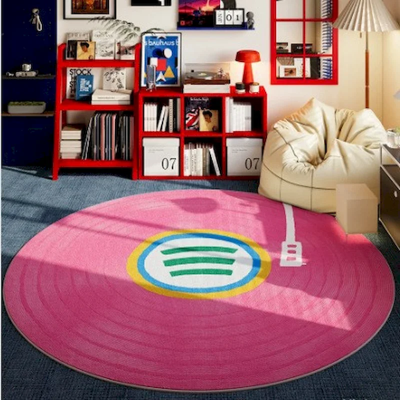 VIKAMA Music Themed Round Rug Record Style Non‑Slip Carpet Piano Keyboard Bedroom Room Study Aesthetic Home Floor Decor Music