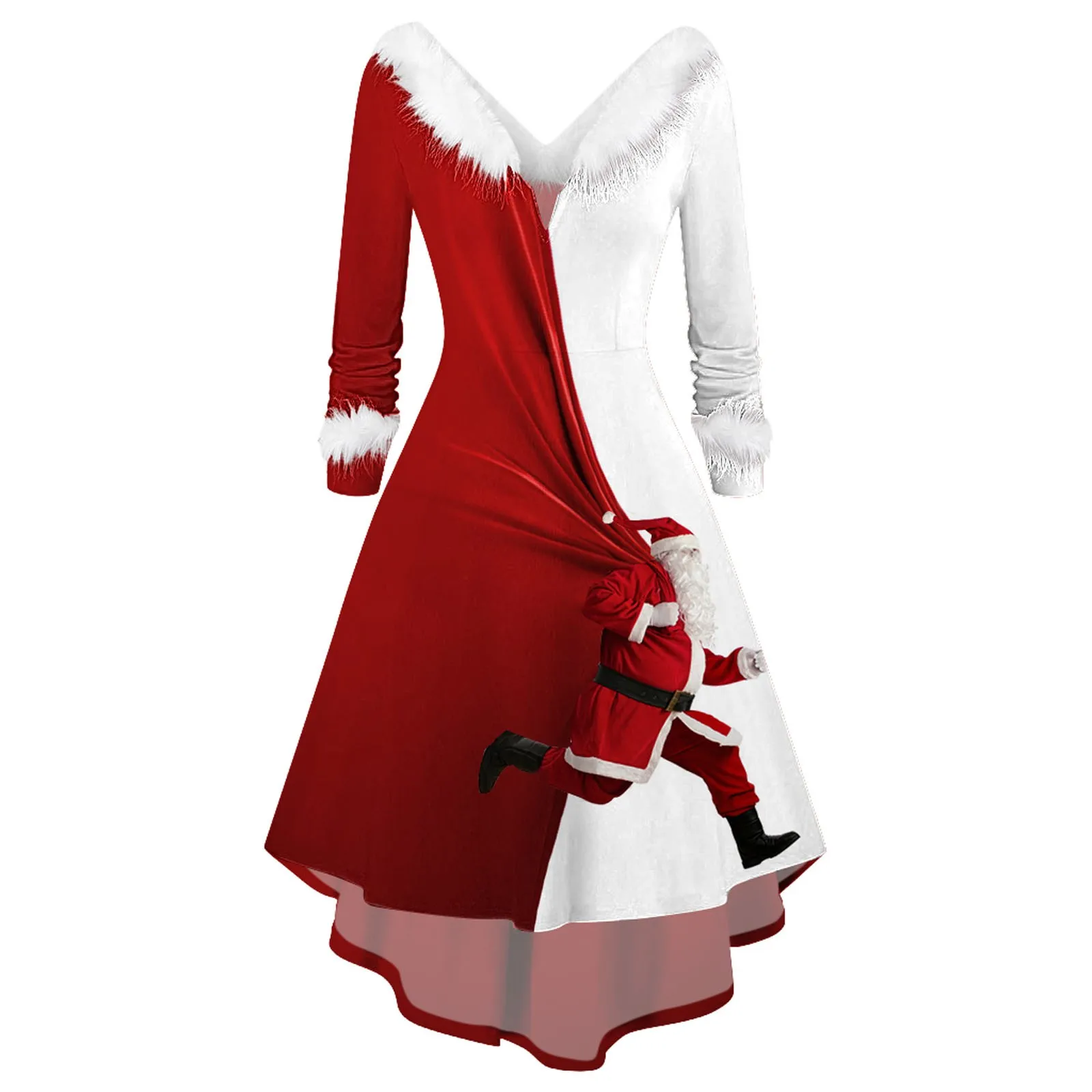 

Fashion Spliced Christmas Dress Women Winter Furry Plush Party Dress Female Long Sleeve Irregular A -line Dress Vestidos Navidad