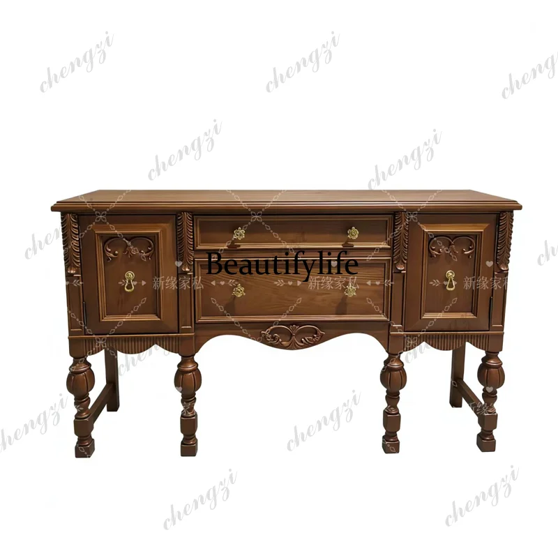 French solid wood carving flower entrance cabinet American retro dining side cabinet living room decorative locker
