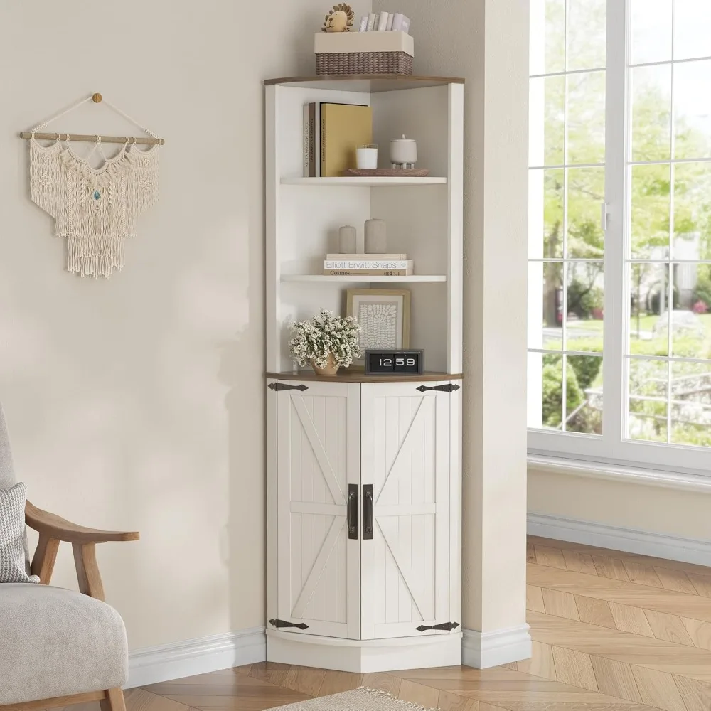 

64.8 high farmhouse corner cabinet with 2 barn doors and storage shelves, a home space saver with storage