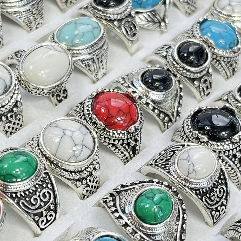 

50Pcs/Lot Multicolor Green Bule Turquoise Stone Style Vintage Silver Ring For Women Ladies Jewelry Bulks LR4227