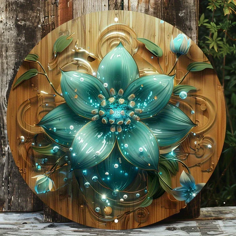 

Turquoise Flower Metal Wall Decor, Round Aluminum Art Sign, White Flowers and Water Drops Design, Home and Outdoor Decoration