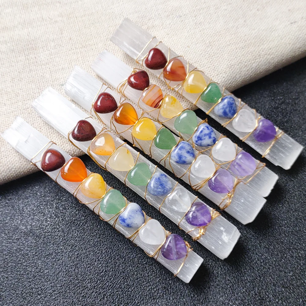 Selenite Crystal Sticks Wand with 7 Chakra Love Heart Stones Wire Wrapped Spiritual Energy Healing Crystals Balancing Meditation
