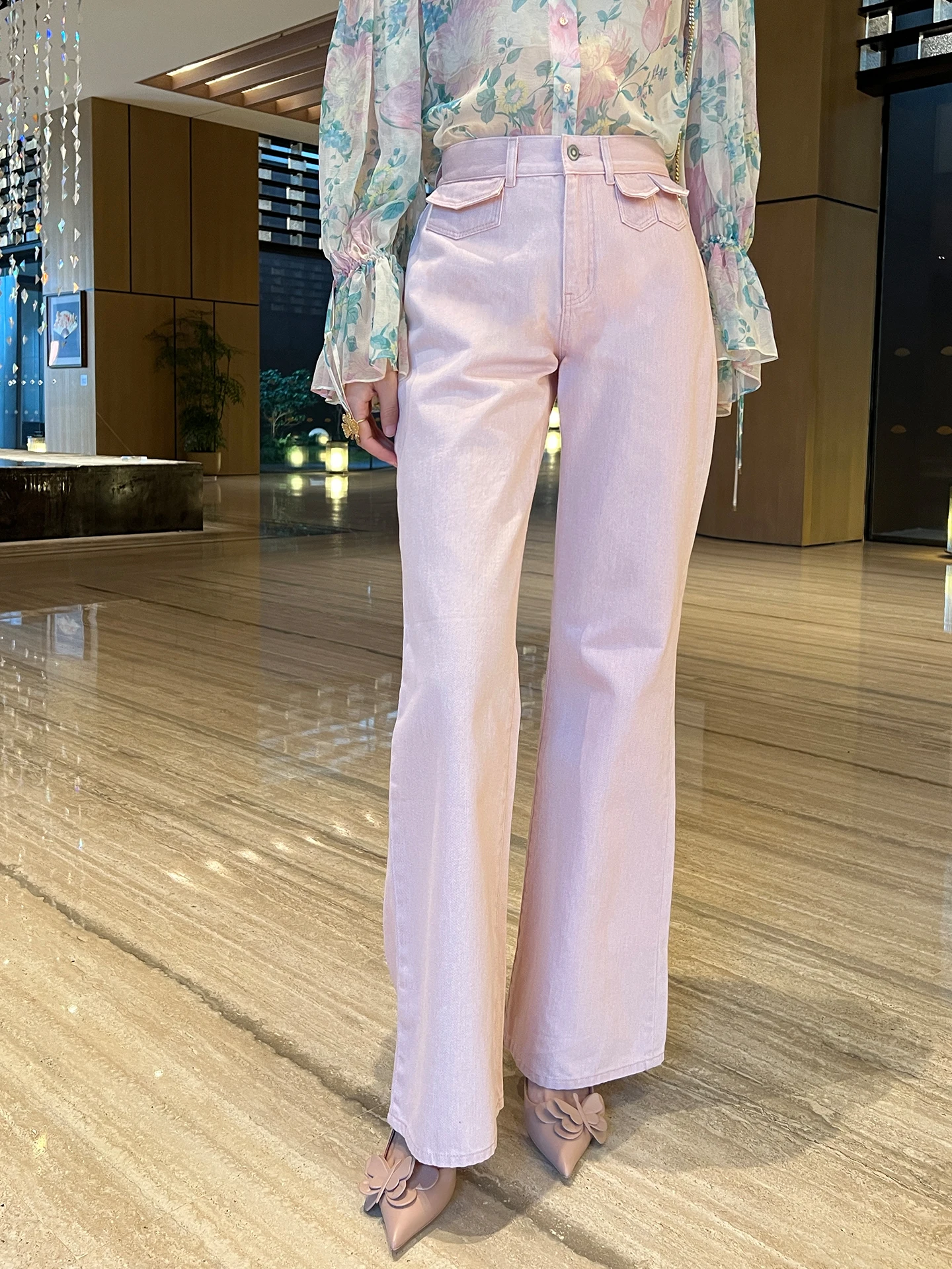 

Linyei Летние новые джинсы с высокой талией и широкими штанинами розового цвета, милые женские джинсы, свободные утягивающие прямые джинсовые брюки, хлопковая молния