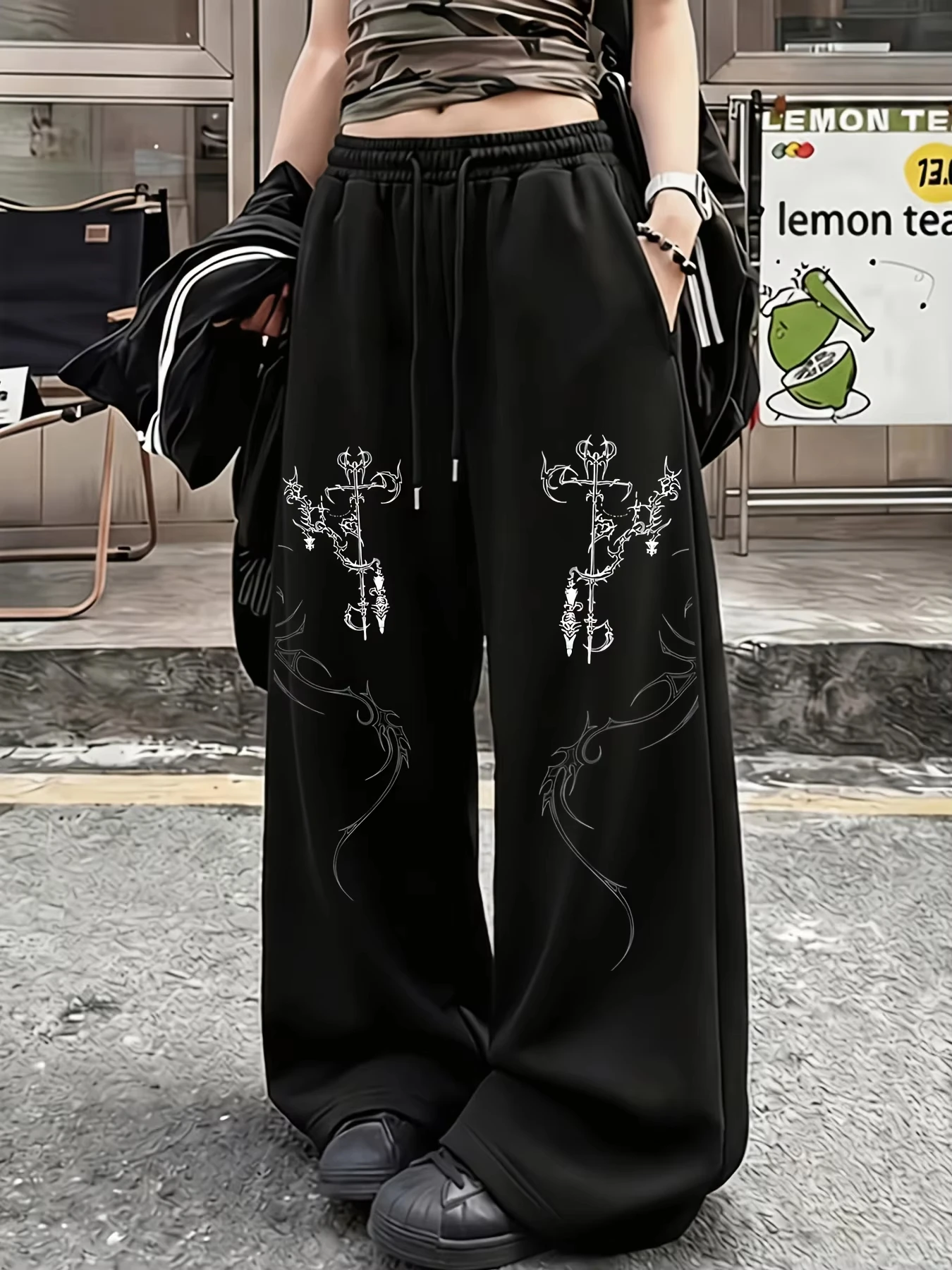 Y2K Gothic Wide Leg Sweatpants Thorns Cross Demon Print Elastic Drawstring Loose Streetwear Hip Hop Casual Trousers