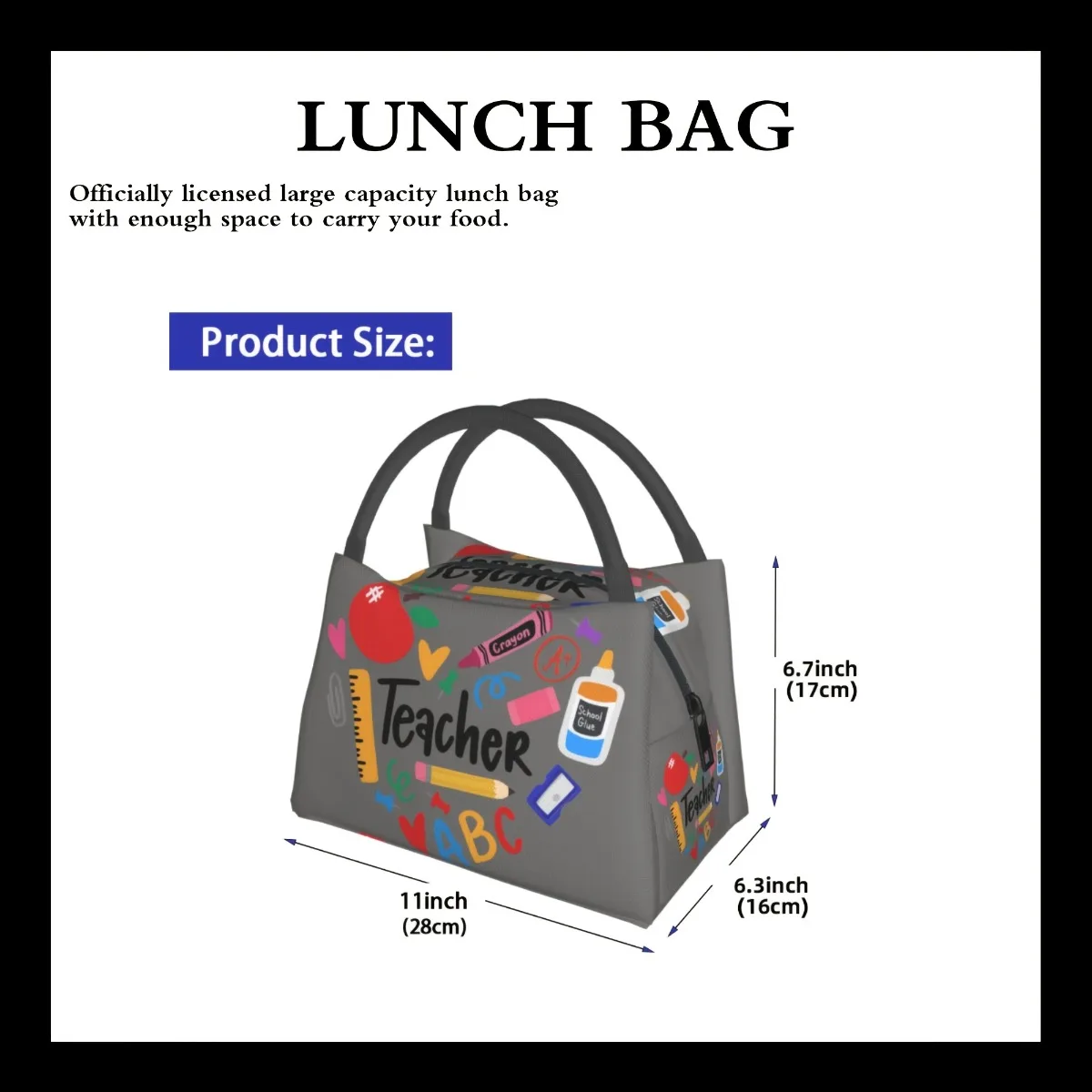 Stylish Teacher-Themed Insulated Lunch Bag - Durable Canvas Tote With Colorful School Prints,for School, Office, Travel, Picnics