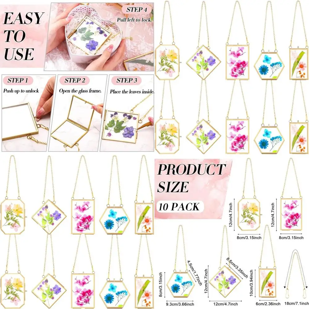 

Золотистые латунные подвесные рамки для прессованных цветов в 5 формах, набор из 10 штук для декора стен дома и демонстрации произведений искусства