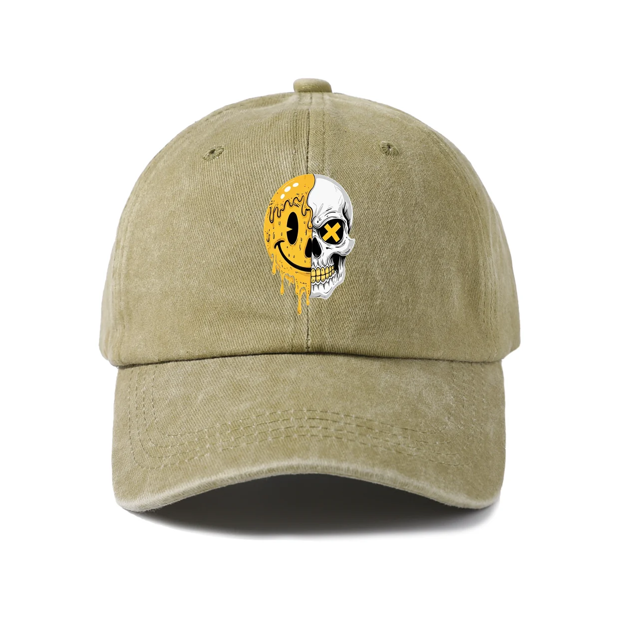 Melting Skull Smiley Graphic Baseball Cap, Vintage Washed Adjustable Unisex Dad Hat, Everyday Gift