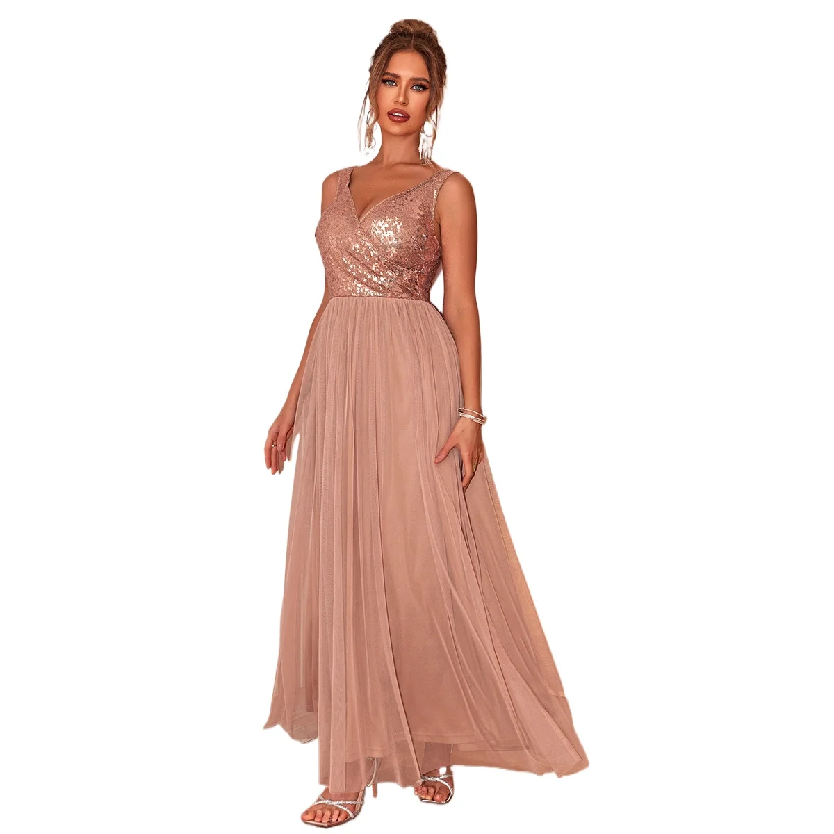 

Sexy V-neck Backless Sequined Formal Evening Dress Champagne