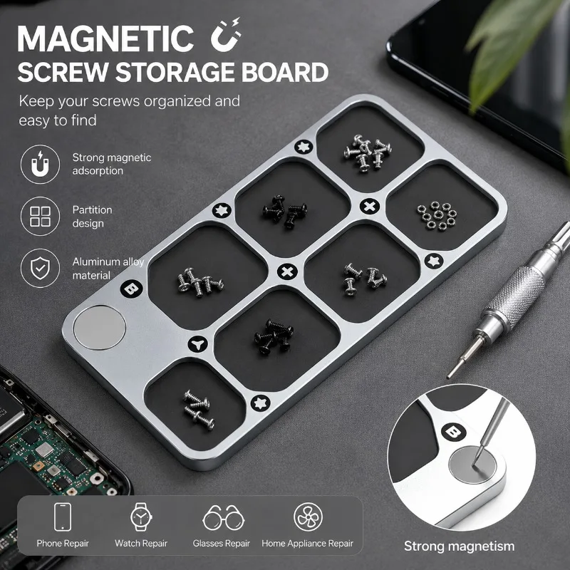7-Grid Anti-lost Magnetic Parts Organizer Aluminum Alloy Tray for Phone Repair Screw and Component Storage