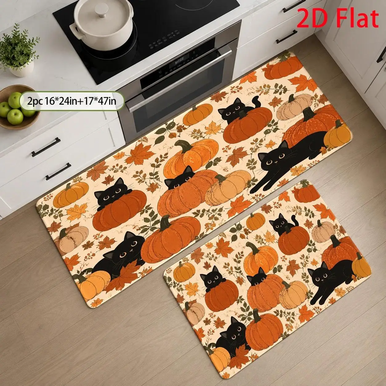 1pc, 2pcs, 3pcs, 2D Flat Kitchen Floor Mat Set, Halloween Black Cat Pumpkin Pattern Floor Mat, Autumn Leaf Design Decorative Rug, Easy-to-Clean Bathroom Rug, Suitable for Kitchen, Bathroom, Laundry Room, Dining Room, And, 2D Flat