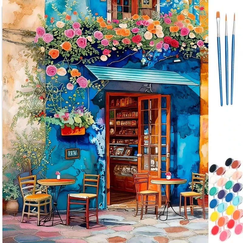 Malen nach Zahlen Set: Blumenhaus Landschaft, Leinwand zum Malen nach Zahlen, DIY Bilder für die Heimdekoration