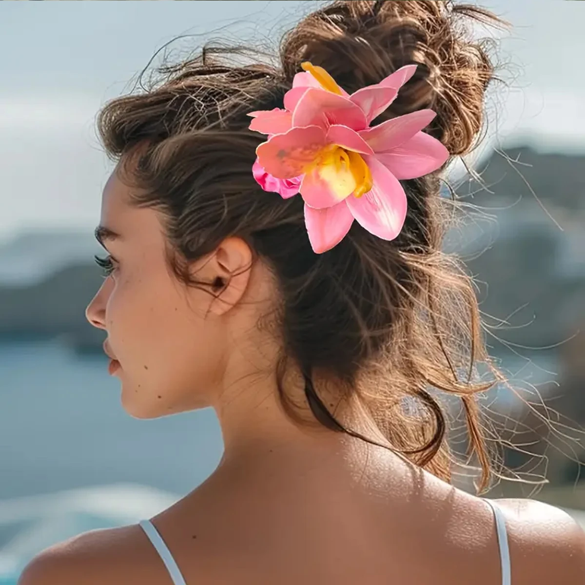 1pc solid color artificial fabric Hawaiian phalaenopsis flower hair tie，suitable for seaside vacations, Wedding，daily hair ties