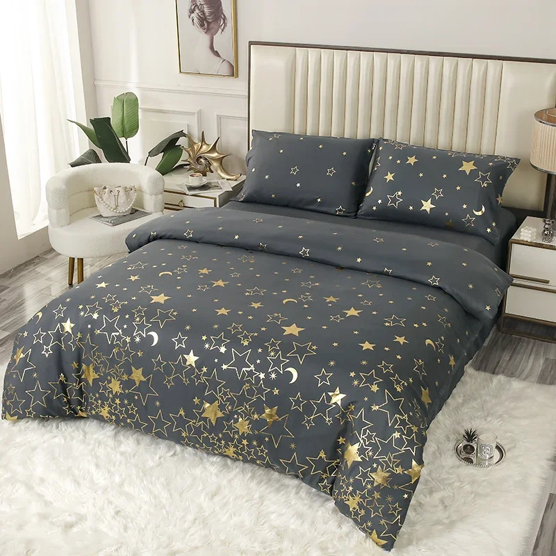 Fashion Grey Bronzing Star Print Duvet Cover Set Bedding Set, Gold Stars Moon Metallic Foil Comfortable Duvet Cover, for Bedroom