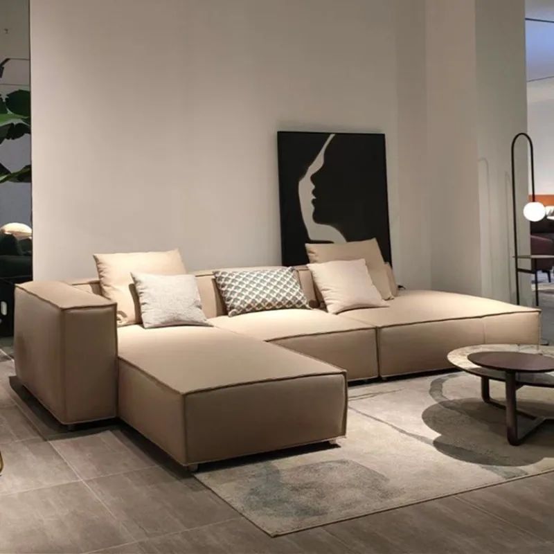 Italian minimalist tofu block first layer cowhide sofa