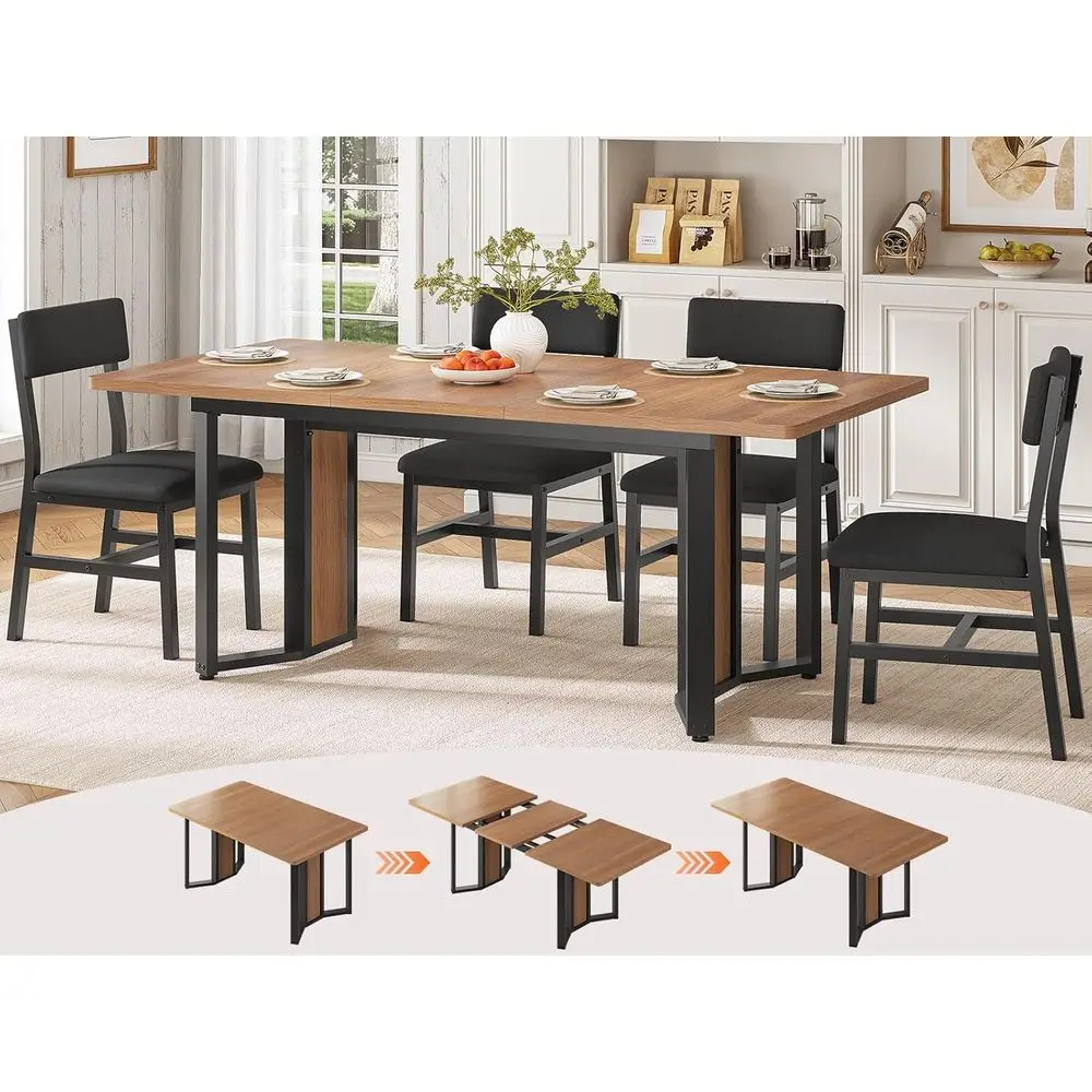 

63 Extendable Brown Dining Table Set for 4-6 with Metal Legs & Cushioned Chairs for Small Spaces