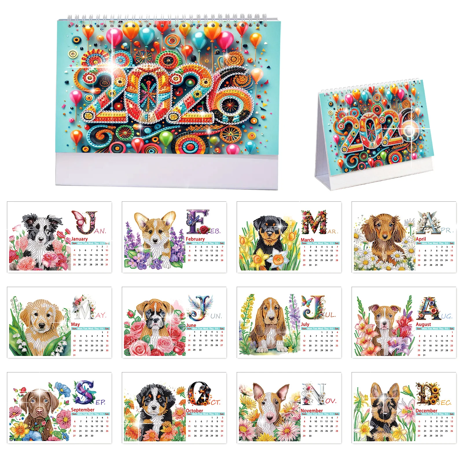 2026 Diamond Art Painting Desk Calendar Kits,Cute animals Paper Calendar Diamond Art Monthly Tabletop Calendar for Handmade Gift