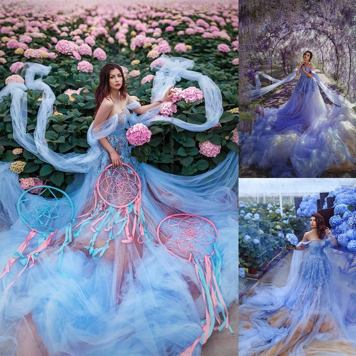 Unikatowe, puszyste sukienki na sesje zdjęciowe lub baby shower, z dekoltem w serduszko, sznurowanym tyłem, ciążowe szaty do sesji zdjęciowych.