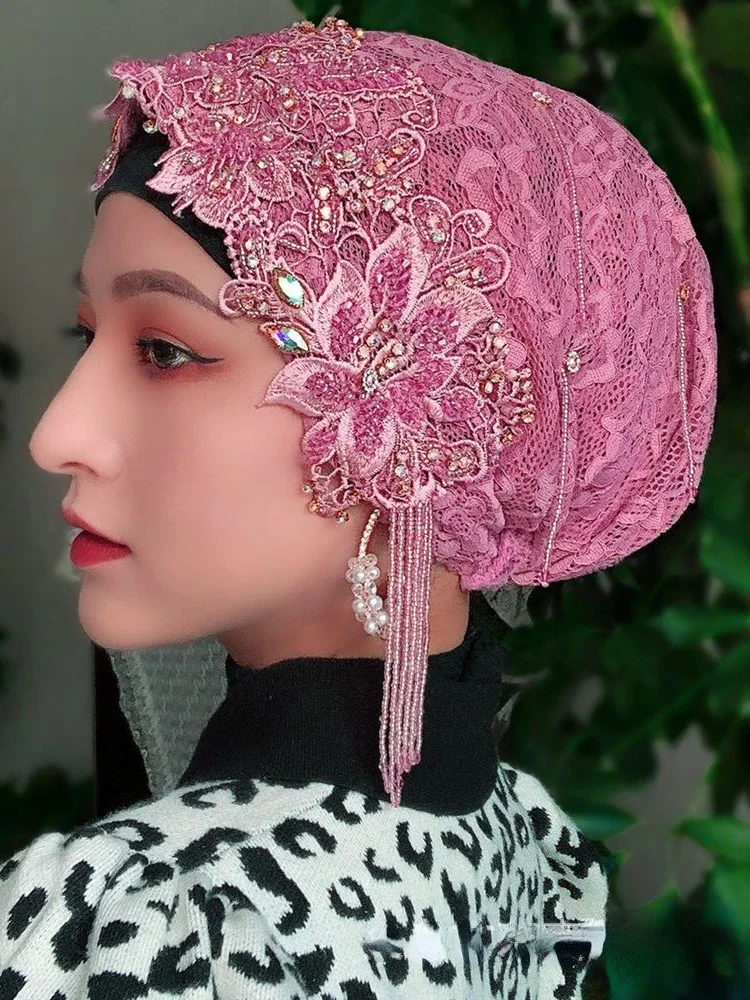 Turban brodé en dentelle pour femmes, couvre-chef arabe, couvre-chef islamique, hijabs musulmans, chapeau à pampilles, couvre-chef de mariage, Dubaï, luxe, été