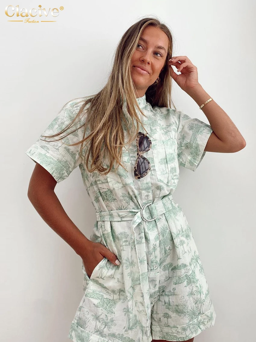

Clacive Fashion Loose Print Women's Jumpsuit 2026 Summer Lapel Short Sleeve Jumpsuits Elegant Classic Belt Bodysuit Female Cloth