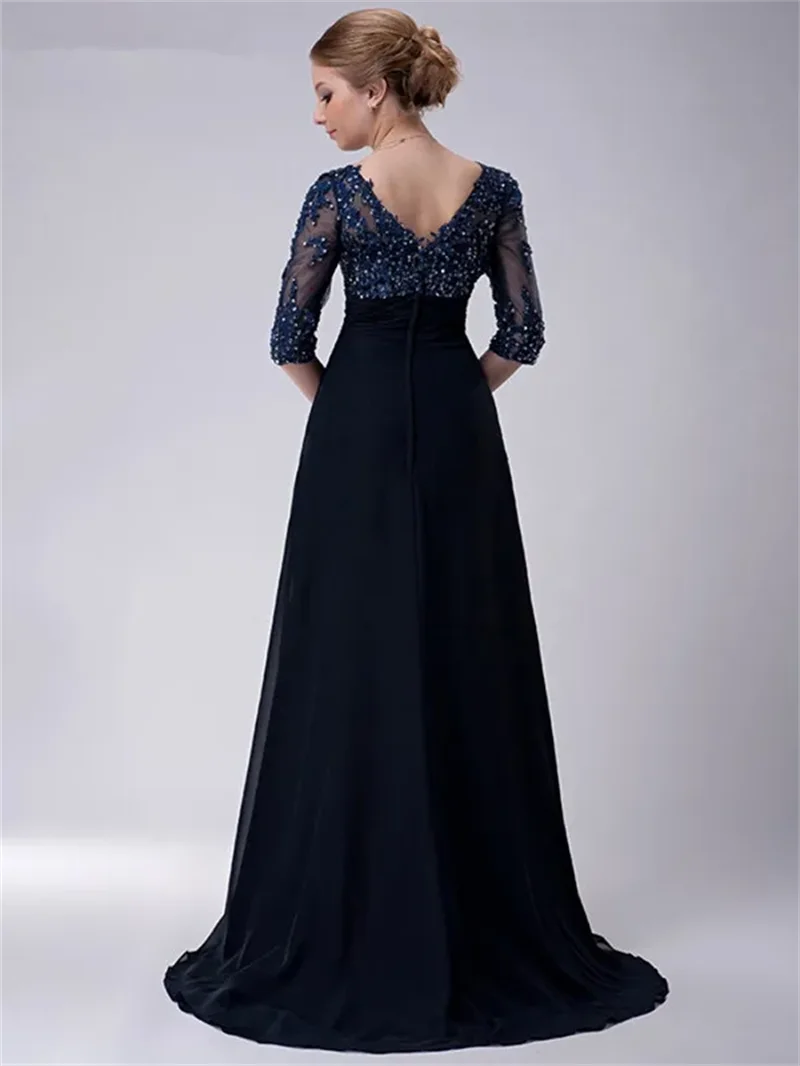 2024 New Navy Blue Mother Of The Bride Dresses A-line Half Sleeves Chiffon Lace Beaded Long Elegant Groom Mother Dresses