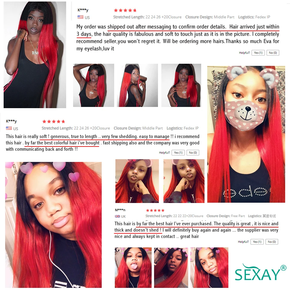 1B Red Bundles With Closure Baby Hair Ombre Straight Human Hair Weave 3 Bundles With 4x4 Transparent Lace Closure Pre Plucked