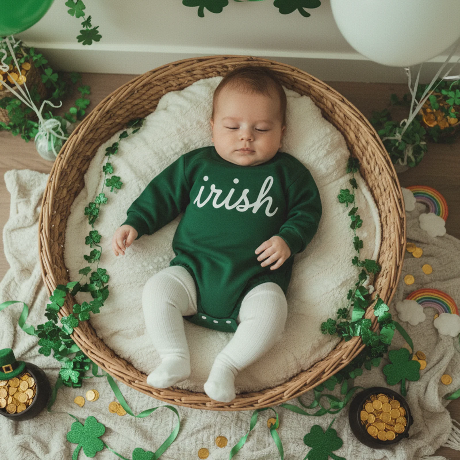 Infant Baby Irish Romper Casual Shamrock Letters Printed Crew Neck Long Sleeve Sweatshirt Bodysuits Jumpsuit