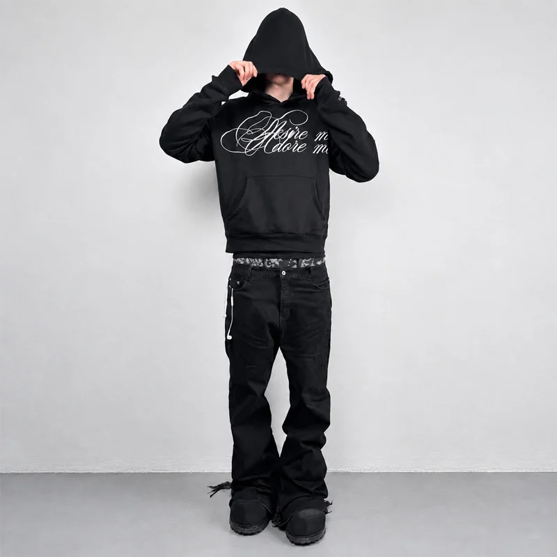 2026 Autumn Winter Men Gothic Script Hoodie Double Sided Letter Print Oversized Streetwear Hooded Sweatshirt