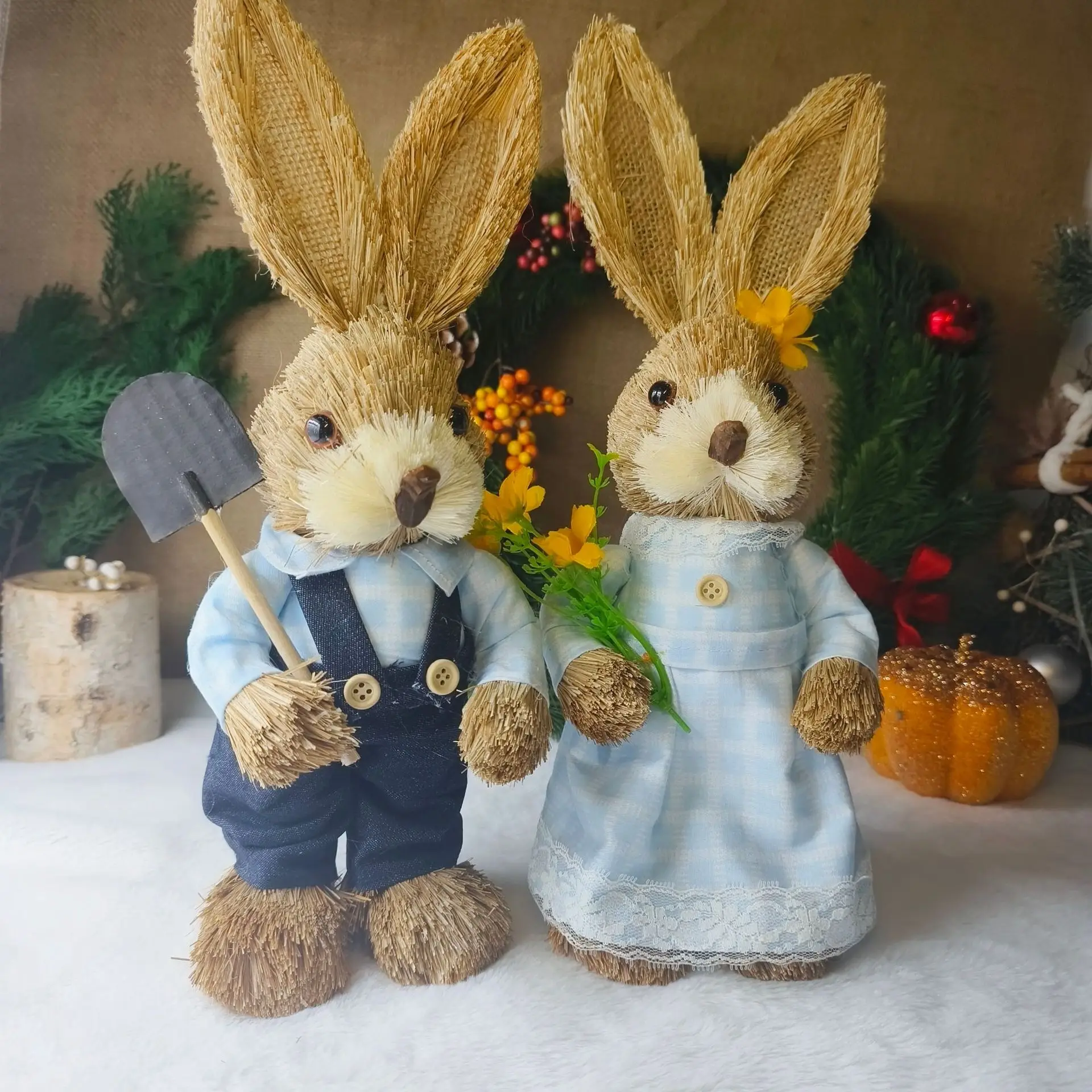 2 Pack Handcrafted Straw Woven Rabbits, Handmade Easter Bunny Decorations, Straw Bunny Home Decor Ornaments for Collecting Gift