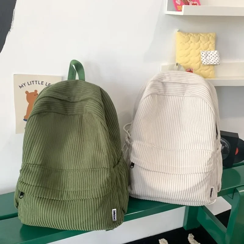 Youth Solid Nylon Corduroy Backpack, Stitched Detail Zipper Large Capacity Casual School Bag