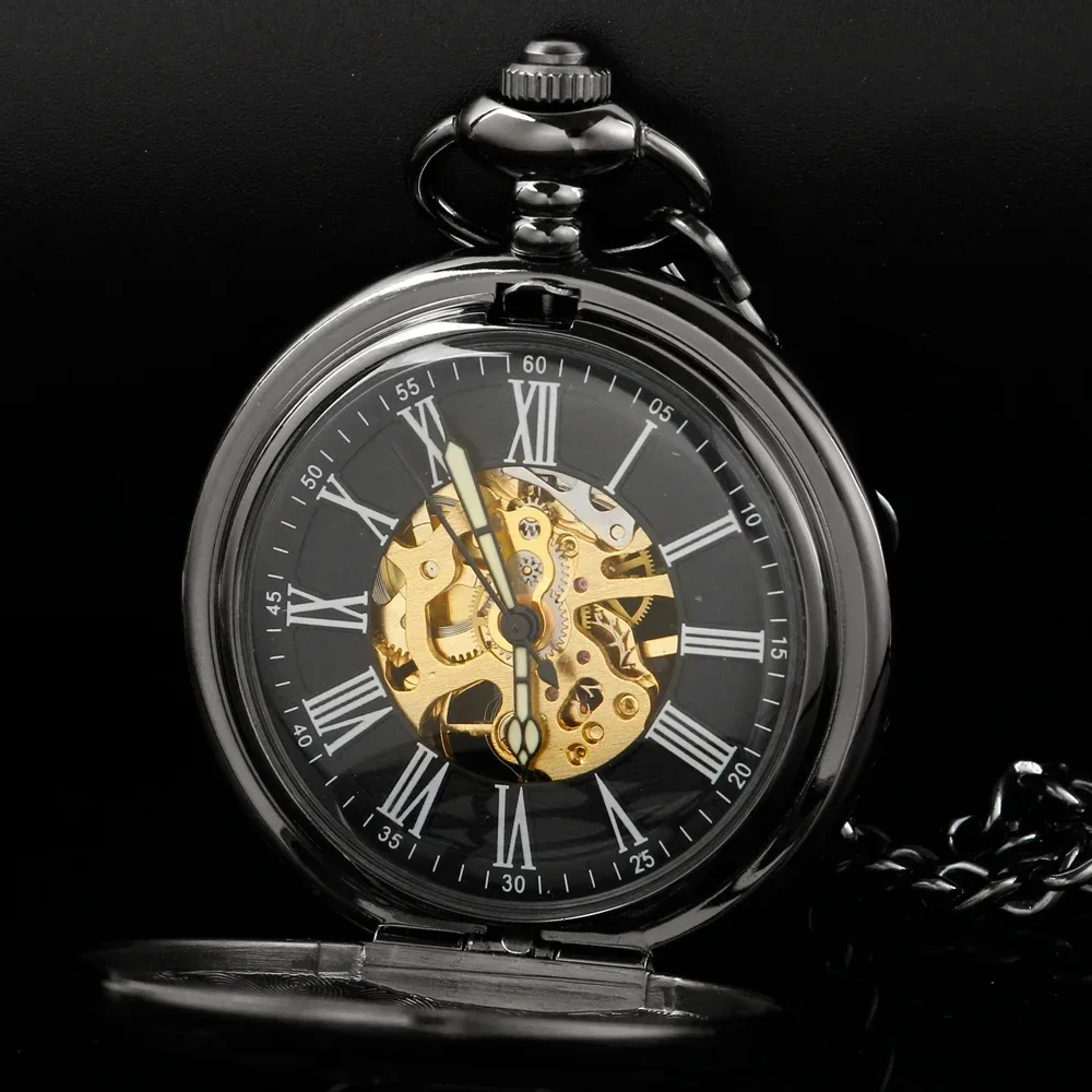 Black retro luminous pointer design Mechanical Hand Wind Pocket Watch With Chain Steampunk Roman numerals Pocket Fob Watch