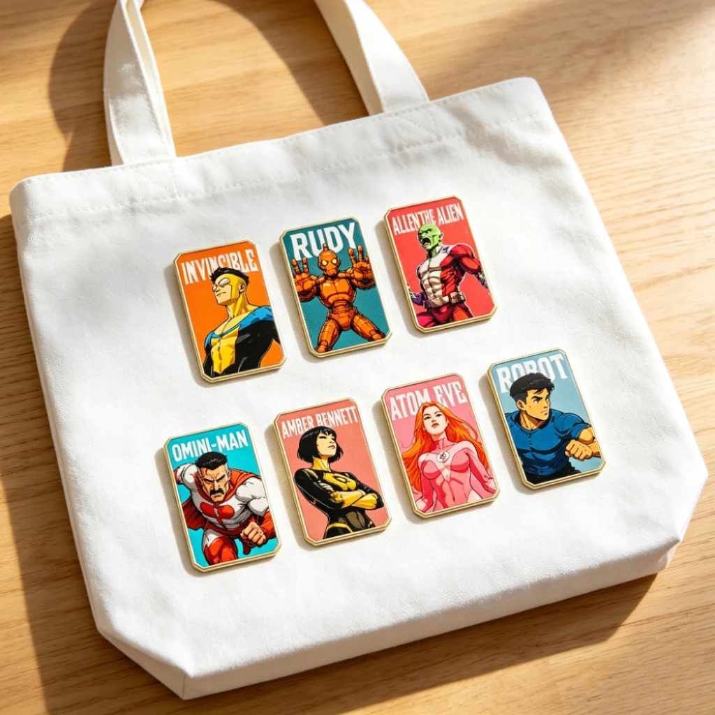 7-teiliges Set mit Metallabzeichen in Form von amerikanischen Comic-Helden, trendige rechteckige Broschen, dekorative Anstecknadeln für Taschen und Jacken. – Detail 5
