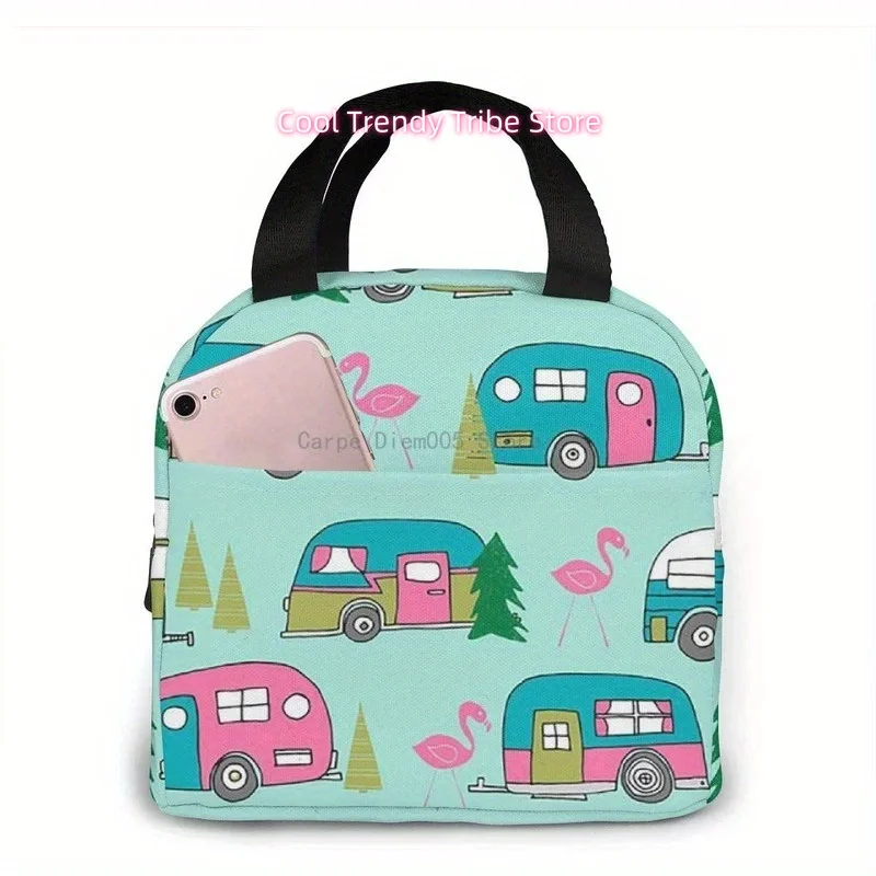 Insulated Cooler Tote Bag for Lunch Featuring a Happy Camper Flamingo Design, Equipped with a Front Pocket And Zipper Closure, S