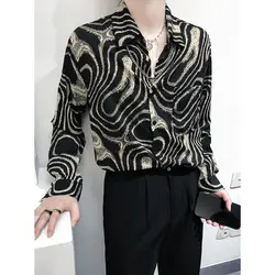 Korean Retro Pattern Shirt Men Slim Chiffon Printed Top Trendy Long-sleeved Thin Ice Silk Shirt