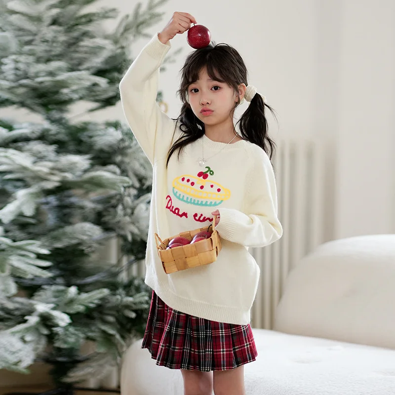 

Осенне-зимний комплект одежды для маленьких девочек, детский вязаный свитер с героями мультфильмов для девочек + клетчатая плиссированная юбка, комплекты для девочек от 4 до 12 лет