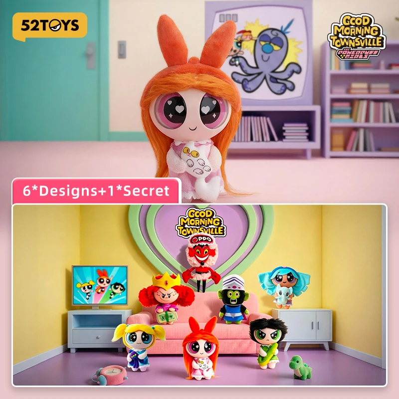 52TOYS The Powerpuff Girls Good Morning Townsville Series Plush Charm Blind Box Vinyl Anime Figure Ornament Collection Gift