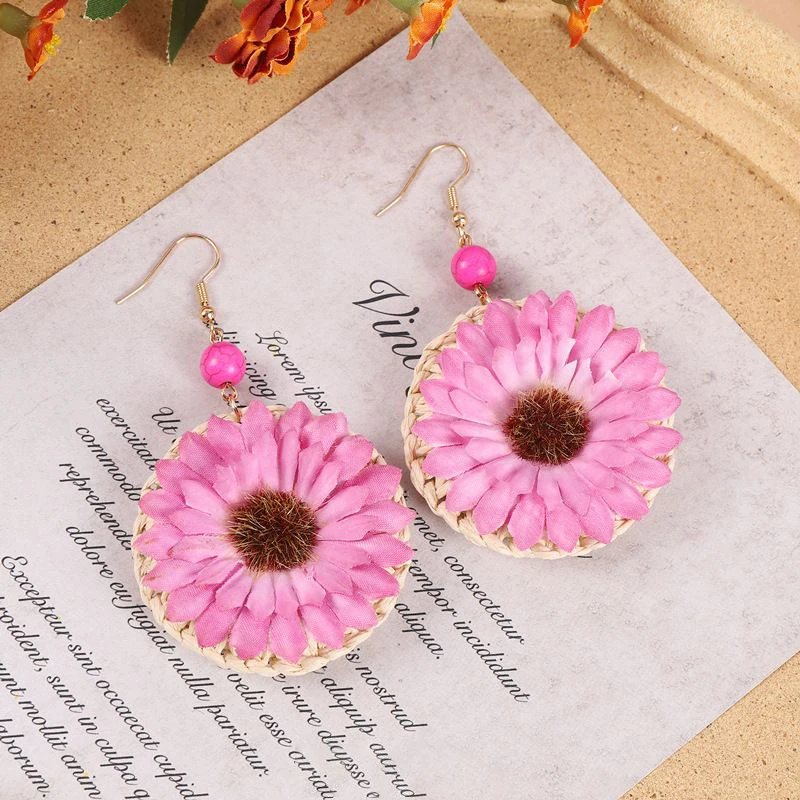 Unique Rattan Earrings Summer Holiday Bohemian Jewelry Exaggerate Fabric Flower Earrings Fashion Boho Earrings Statement Jewelry