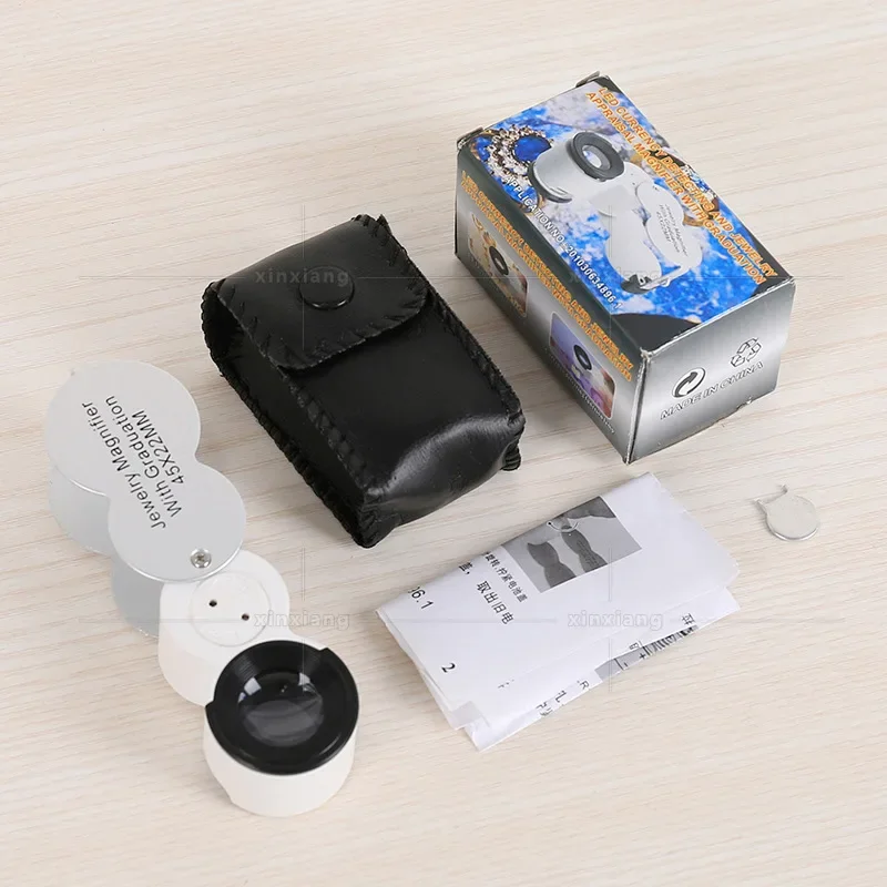 Lupa portátil de medición de plata con luz LED, Lupa de bolsillo, Mini joyero, 45X