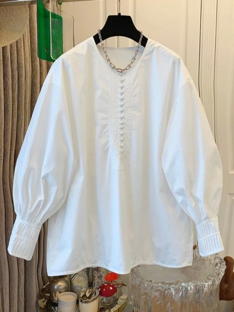 

French Elegant Shirts Solid Color O Neck Lantren Sleeve Tops Pleated Casual Loose Blouses Spring All Match 2025 Women's Clothing