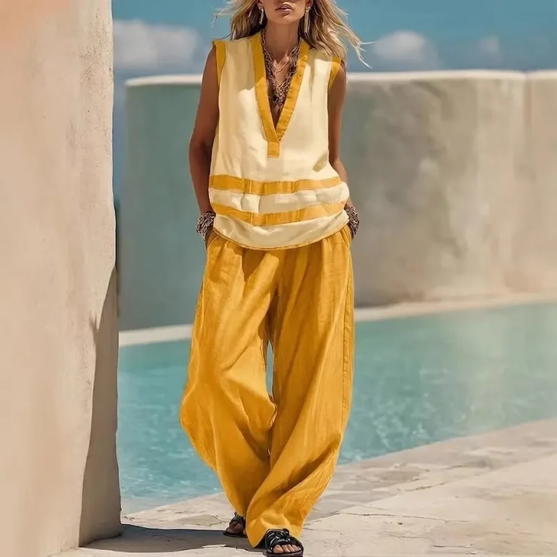 

Summer Ethnic Boho Striped Sleeveless Vest and Wide Leg Pants Women Vestidos Loose Sports Two-piece Suit Fashion Streetweeetwear