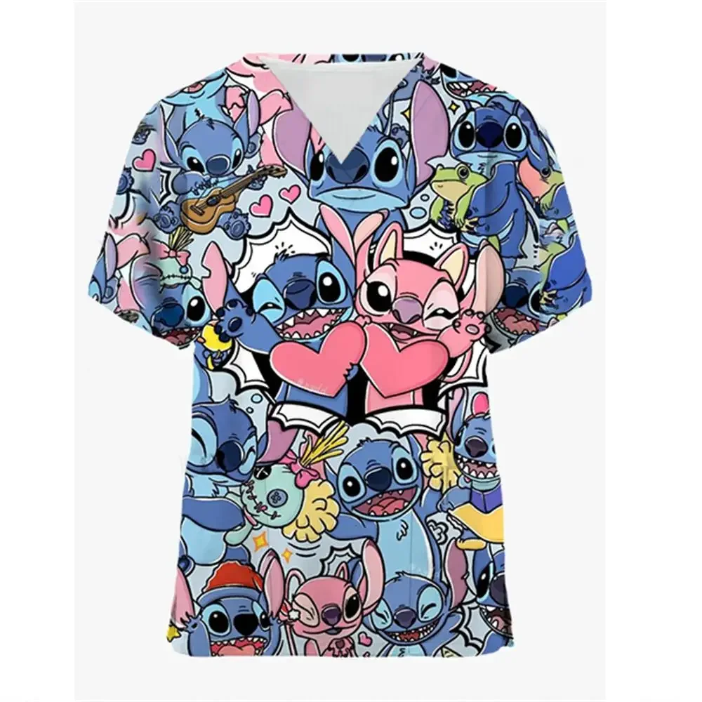 V Neck Clothing Y2k Pocket Lilo & Stitch Hospital Disney New Summer Nurse Uniform T-shirt Woman T-shirts Uniform Pocket Neck Y2k