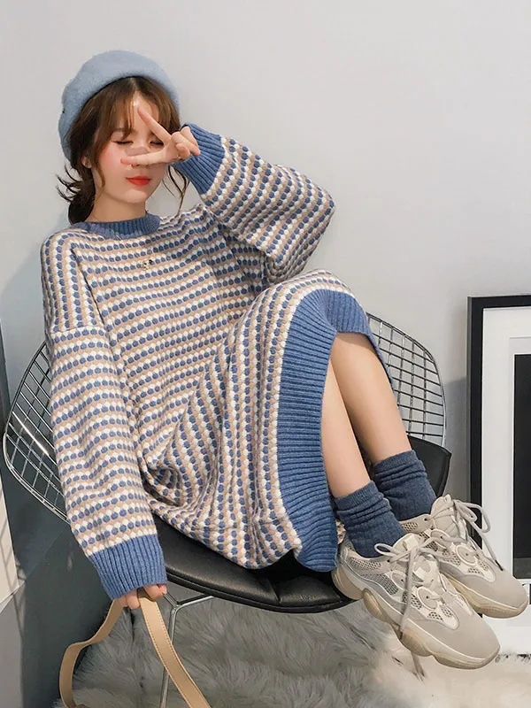 

plus Size Autumn Winter Lazy Sle Mid-Length Knitted Sweater Dr Conceal Meat High Waist Cotton Blend Long Sve Dr