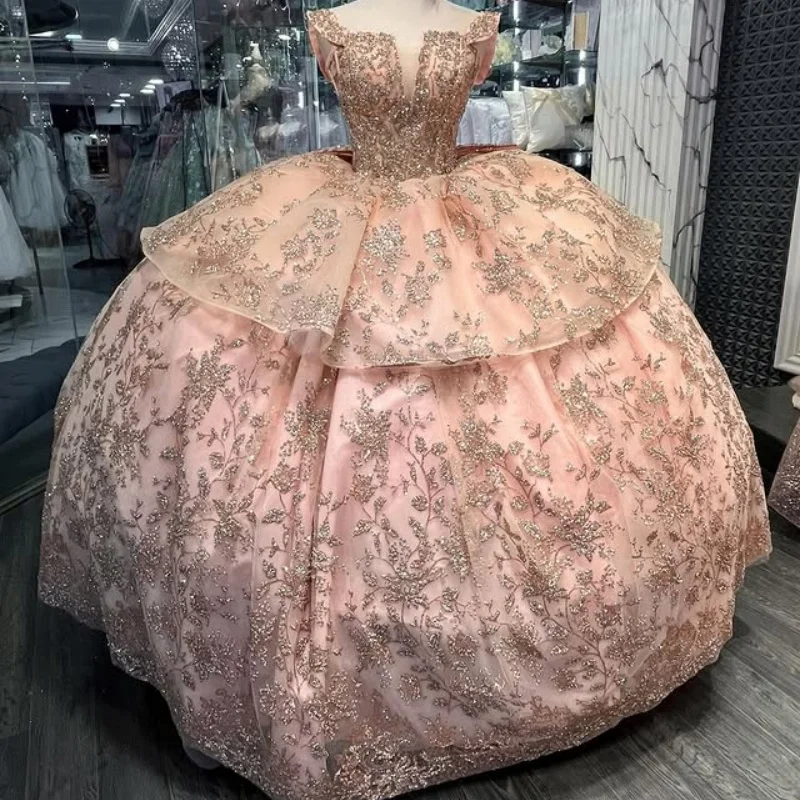 

Shiny Rose Gold Quinceanera Dress Crystal Glitter Decal Layering off-shoulder Long tail Vestidos De 15 Quinceanera ﻿Customize